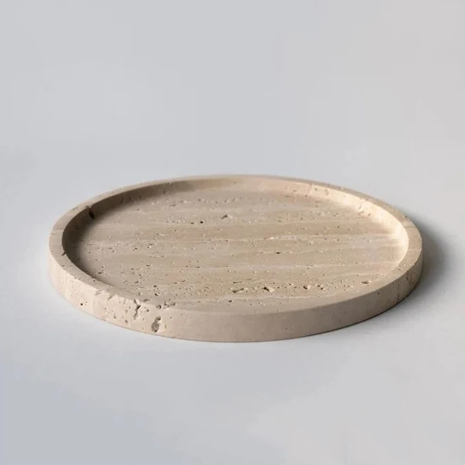 Modern Decorative Beige Round Real Travertine Marble Vanity Tray for Perfume Candle Jewelry Dish Small Things