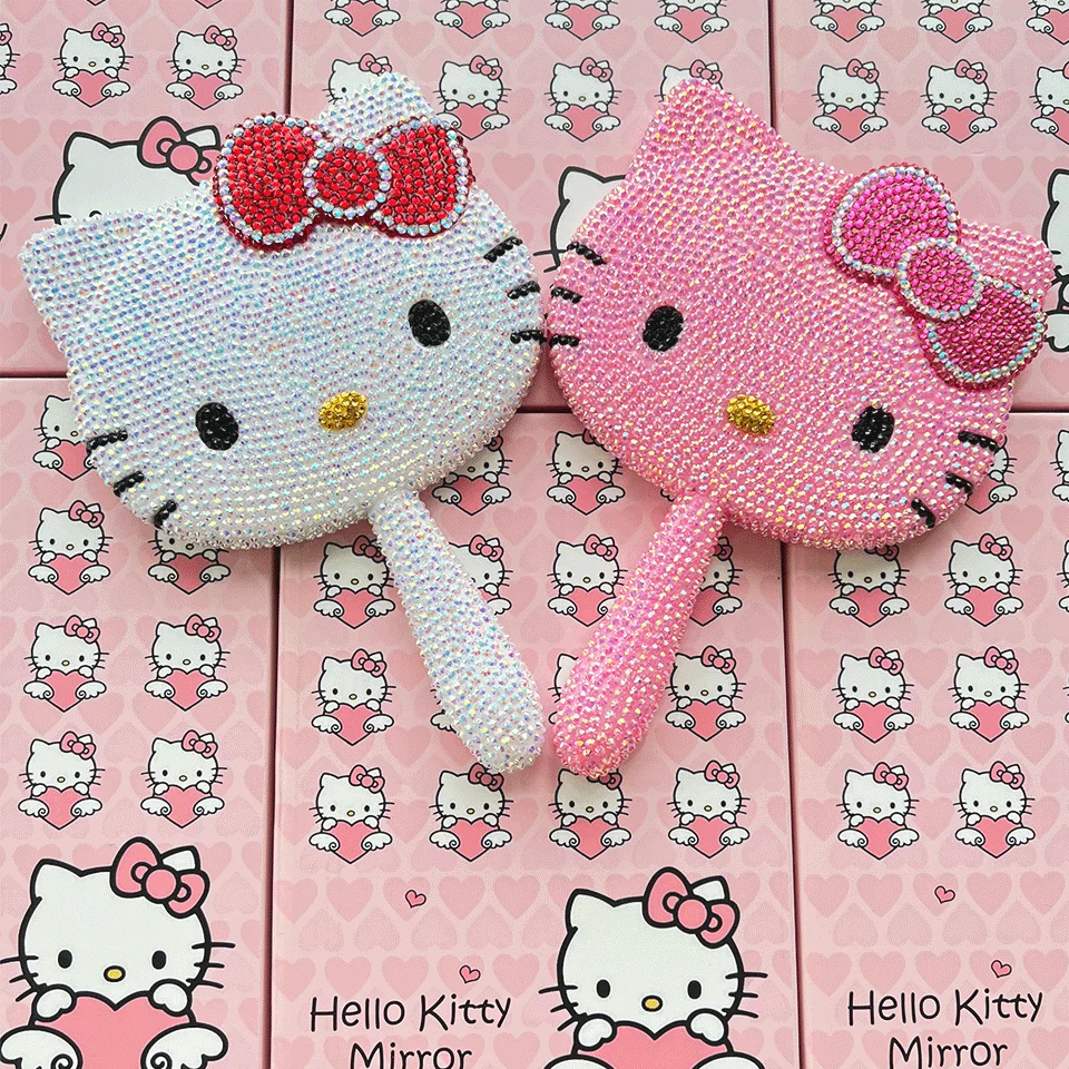 Hello Dressing Kitty Makeup Mirror Pink hello kitty lash hand mini mirror with diamonds custom logo hello kitty bling mirror