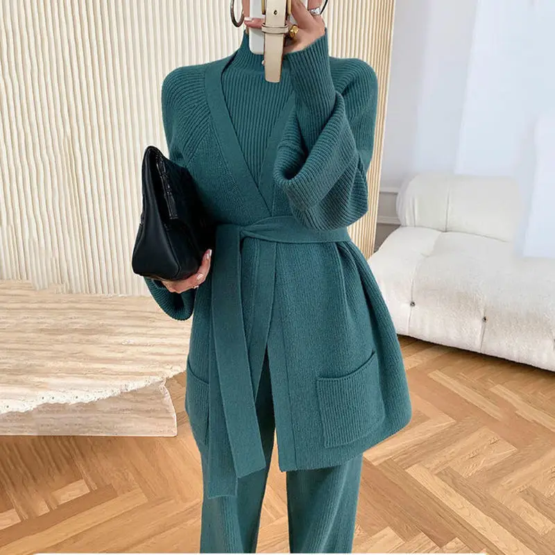 Winter 2022 new design high neck pullover knitted cardigan long sleeve wide leg pants 3 sets women sweater