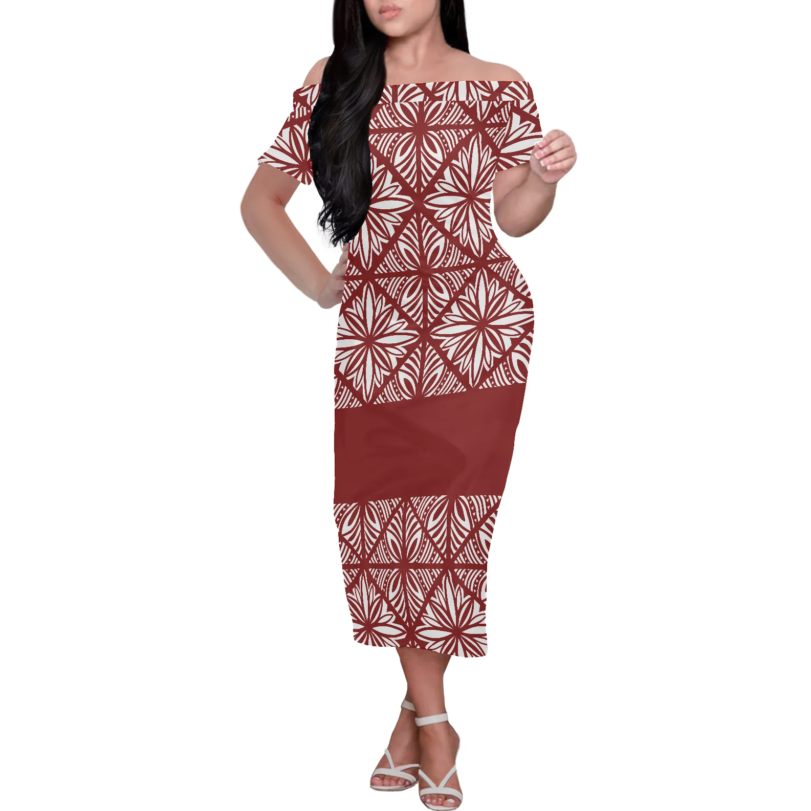 New Style Black White Polynesian Tribal Floral Tattoo Dresses Custom Plus Size Women Dresses Half Shoulder Pencil Bodycon Dress