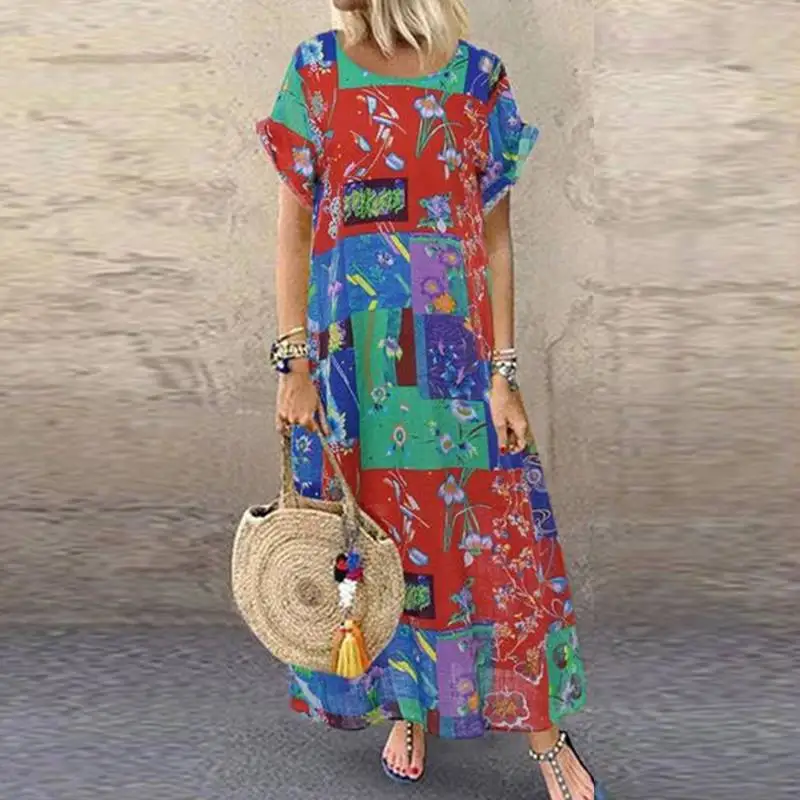 S 5XL Summer Bohemian Sundress 2022 Women Party Long Dress Casual Vintage Short Sleeve Floral Printed Vestido Female Robe