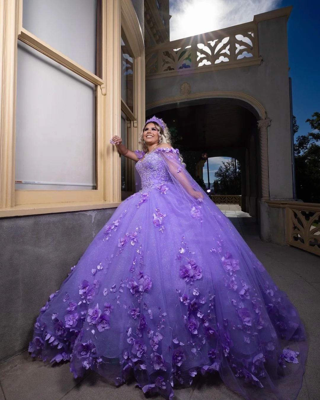 Mumuleo Cape Sleeve Lilac Quinceanera Dress 3D Flowers Wear Pageant 2024 Ball Gown Princess Dresses Sweetheart Sweet 15 Gowns