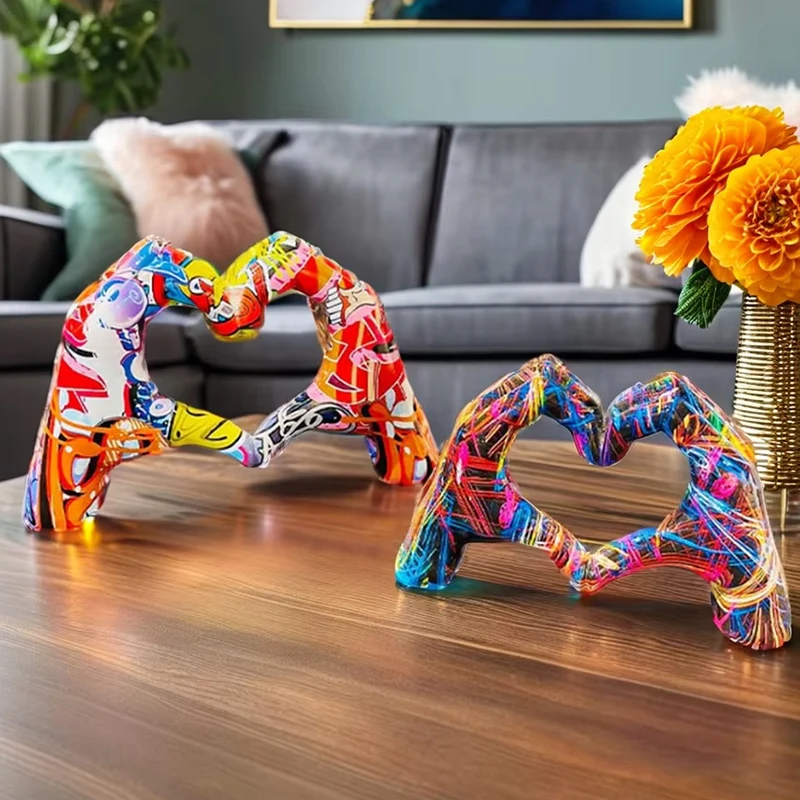 Modern Home Office Coffee Table Bedroom TV Cabinet Heart Gesture Decor Sculpture Colorful Heart Hands Statue Love Hand Sculpture