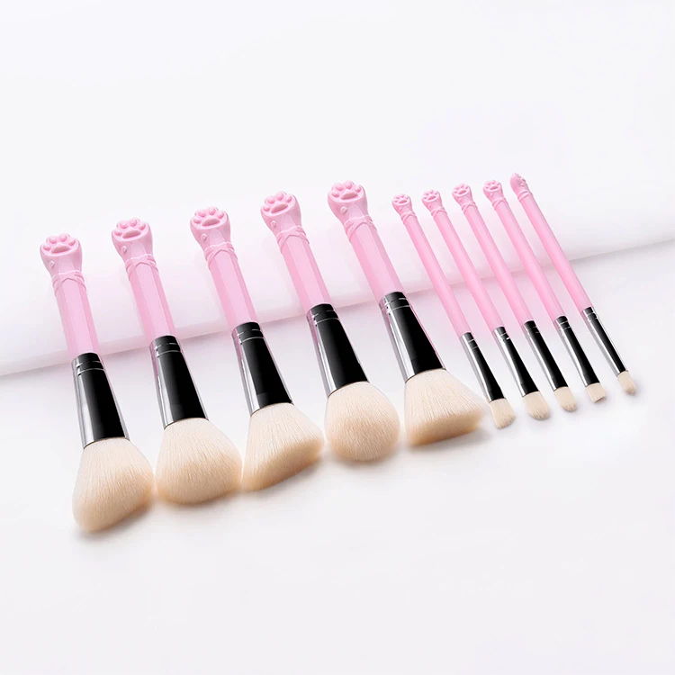 New Arrival Cute Cat Cosmetic Brush Pink 10pcs Nylon Hair Woman Beauty Tools Professional Plastic Makeup Brush Set