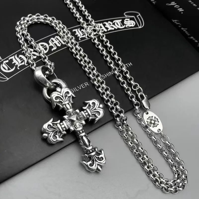 punk cross necklace for men classic Cross Flame pendant sweater chain chrome retro necklace for women wholesale