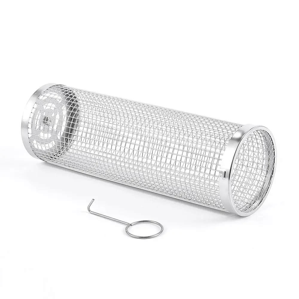 Reusable Outdoor Round Bbq Grill Mesh Basket Stainless Steel Wire Mesh Cylinder Rolling Grilling Basket Portable BBQ Basket
