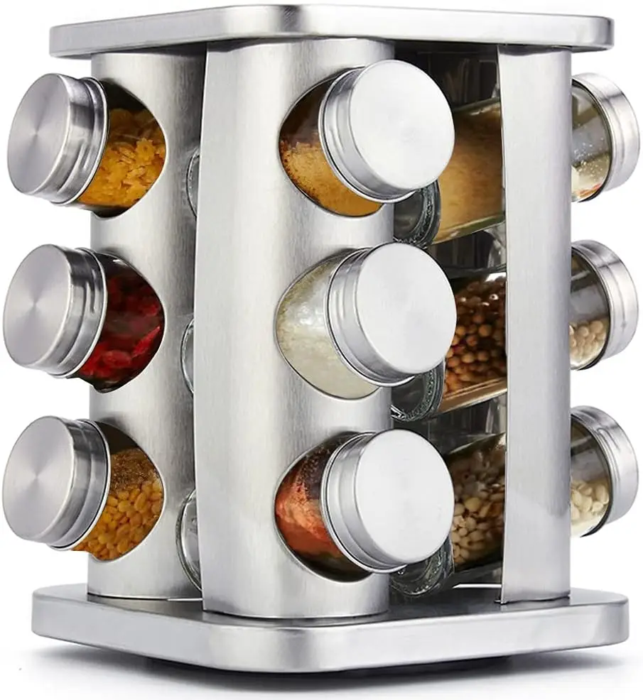Rotating Spice Rack Organizer with 12 Jars - Revolving Standing Seasoning Tower for Countertop Kitchen Cabinet, Stainless Steel,