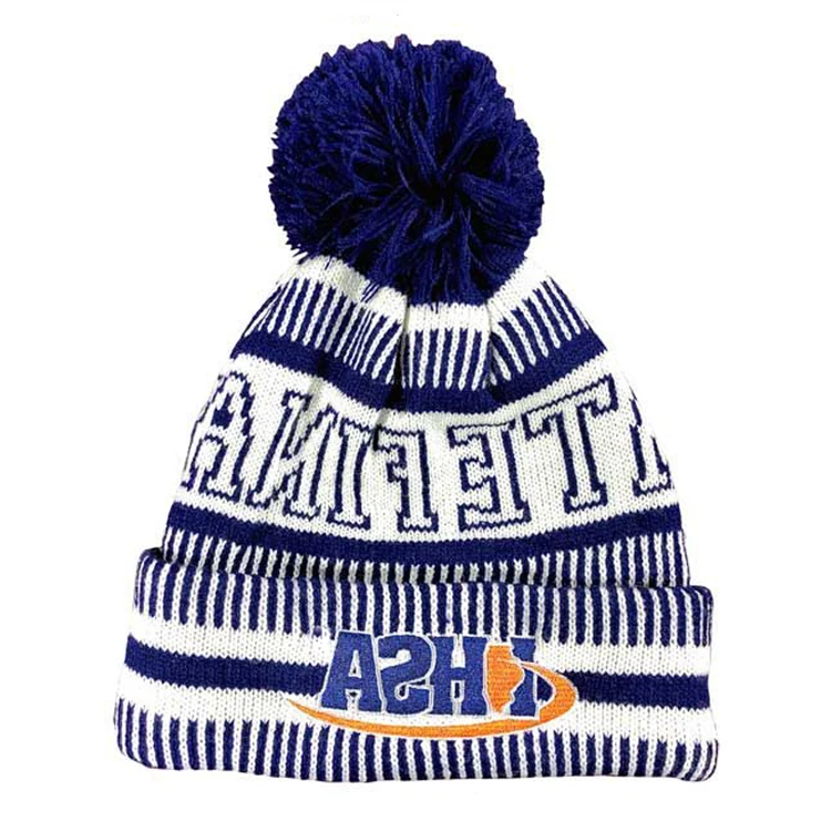 Custom Logo Jacquard Pom Pom Winter Knitted Beanie Hat,Cuffed Beanie Cap With Pom