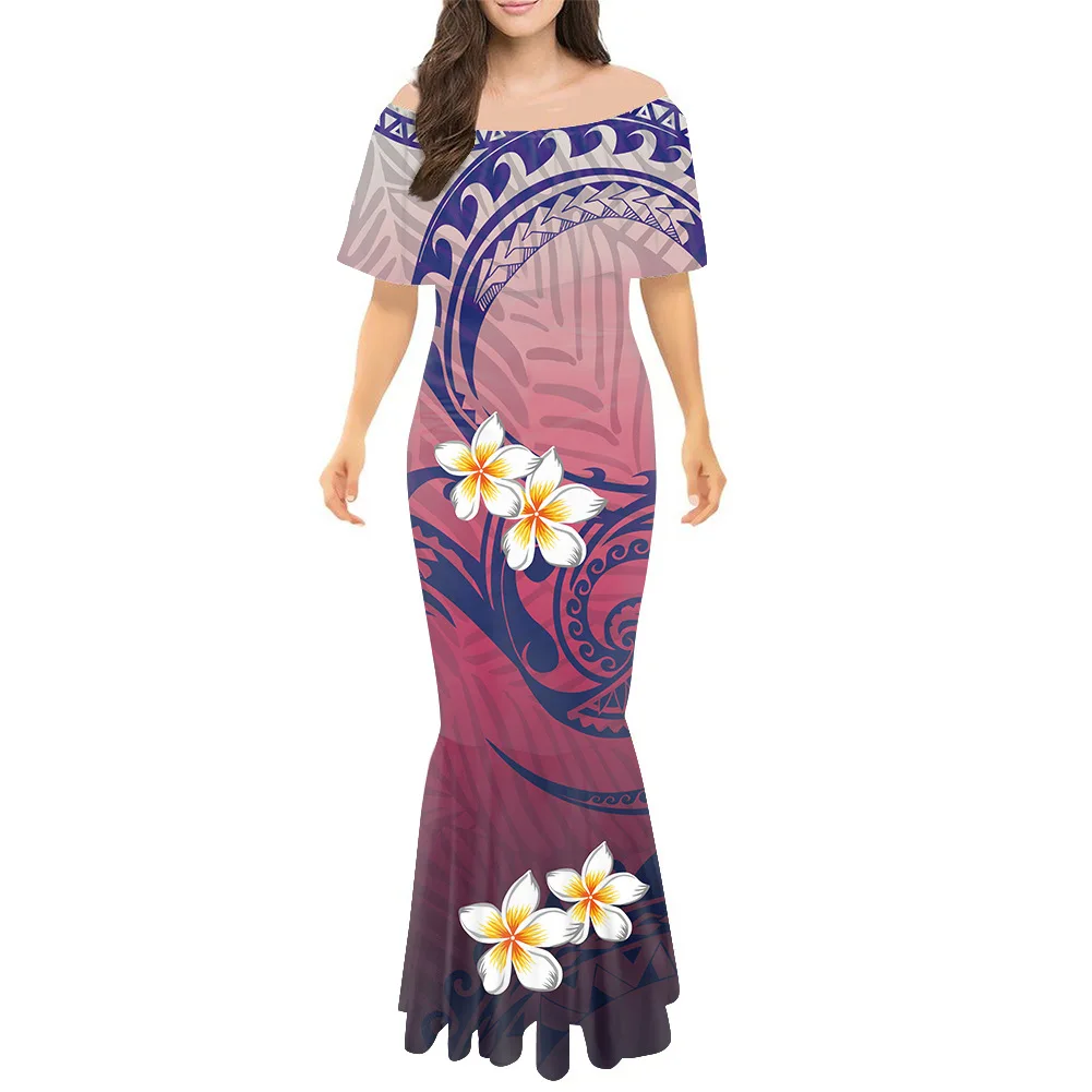 Plus Size Samoa Printed Mermaid Dress Girl One Shoulder Fishtail Traditional Tribal Costume Polynesian Tribal Design