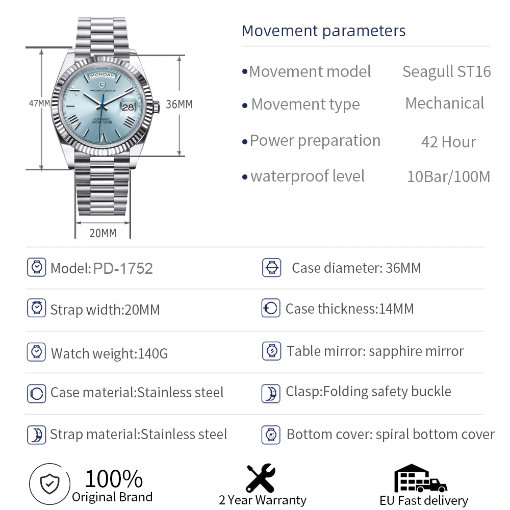 PD-1752 Мужские механические часы с сапфиром