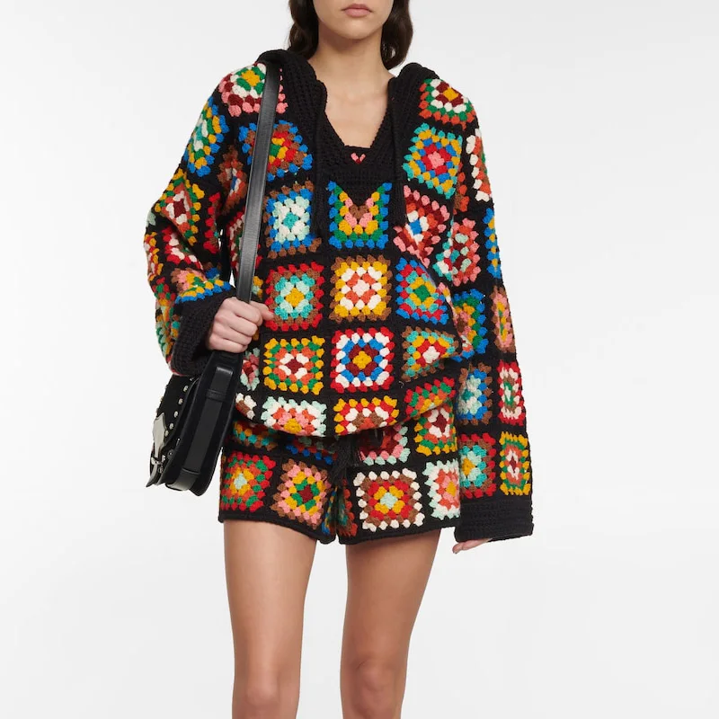 Knitwear Custom OEM ODM vintage handmade women top crochet sweater 100% cotton flower patchwork crochet knit hoodie for women