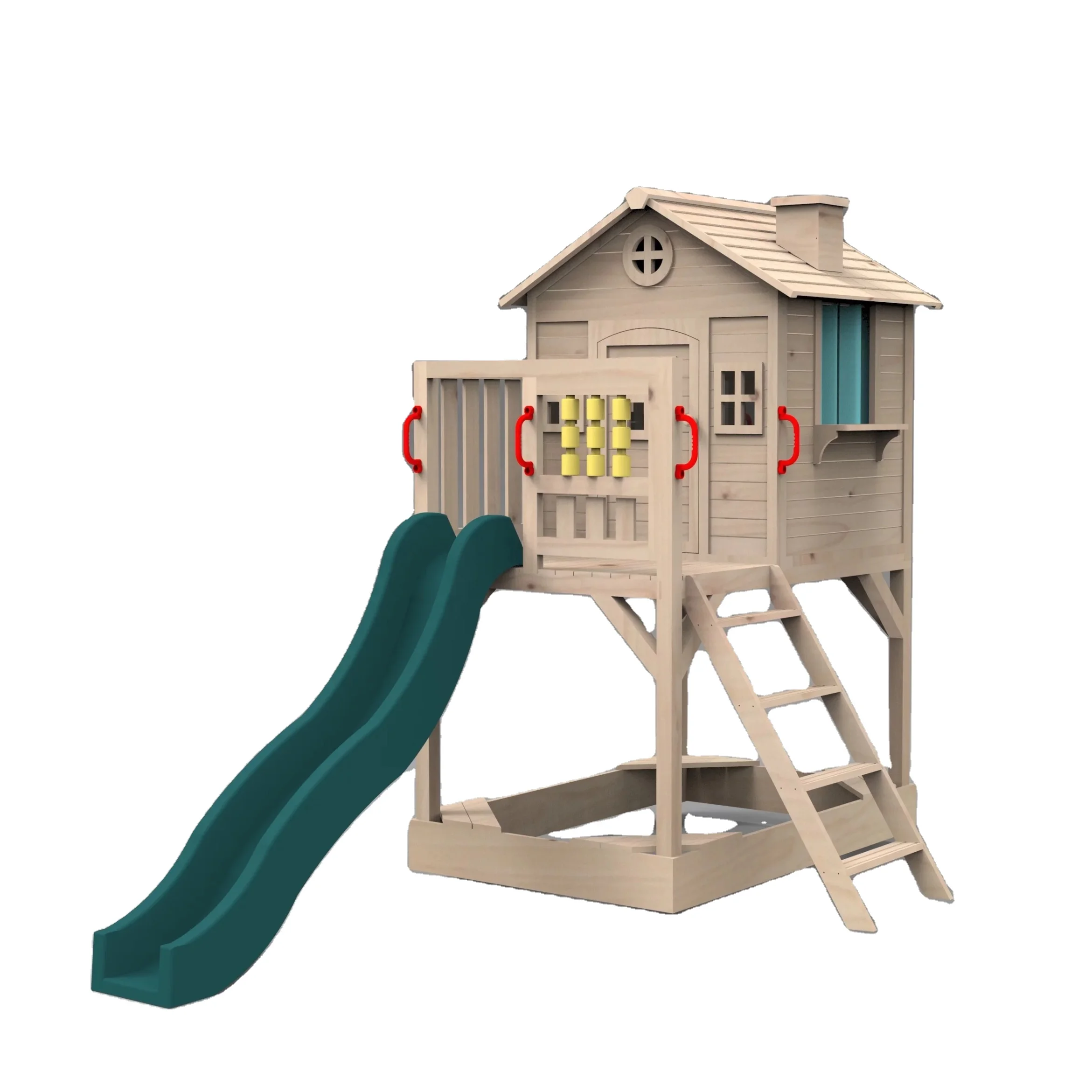 Outdoor Wooden Playhouse Wood Playground Toy Role Play Set Pretend Play Kitchen Toy House with Slide Cubby House with Slide