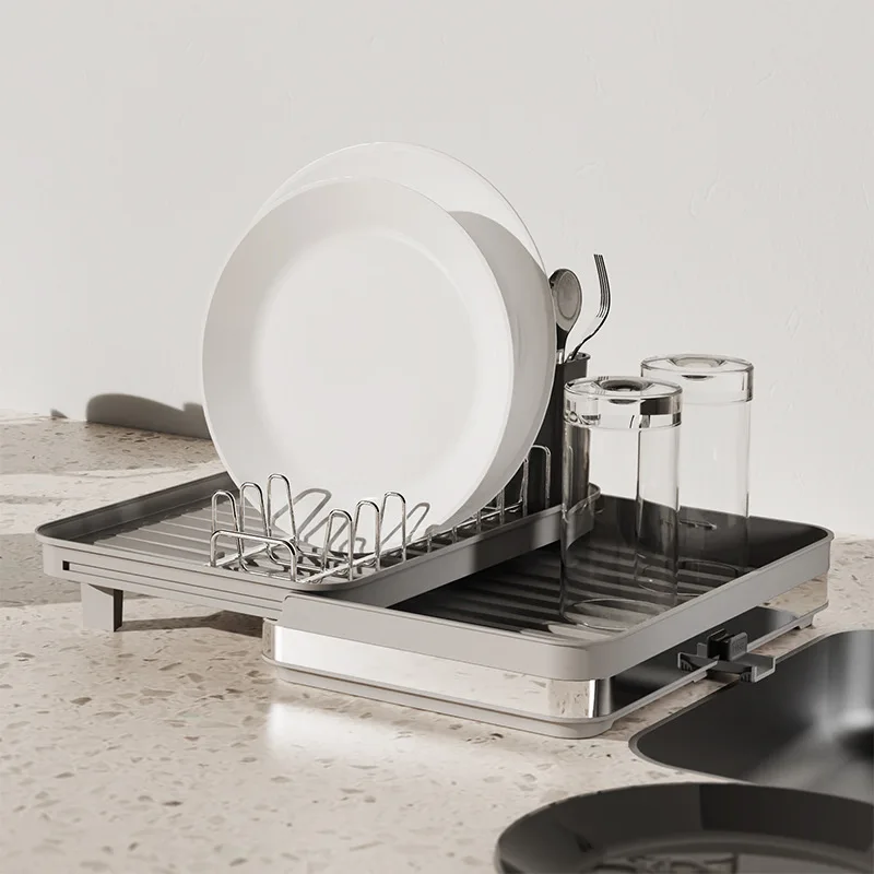 Kitchen Adjustable Plates Organizer Cutlery Storage Holder Dish Drying Rack With Drainboard For Countertop