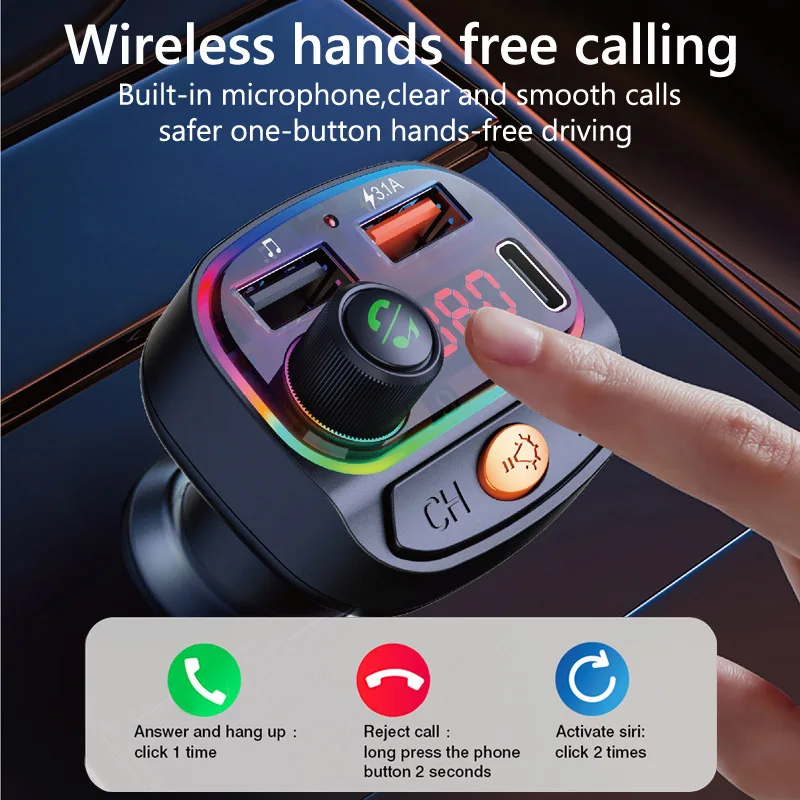 Colorful Light Hands Free Car Kit Music Receiver 3.1A Type C Usb Charger PD FM Transmitter Mp3 Player