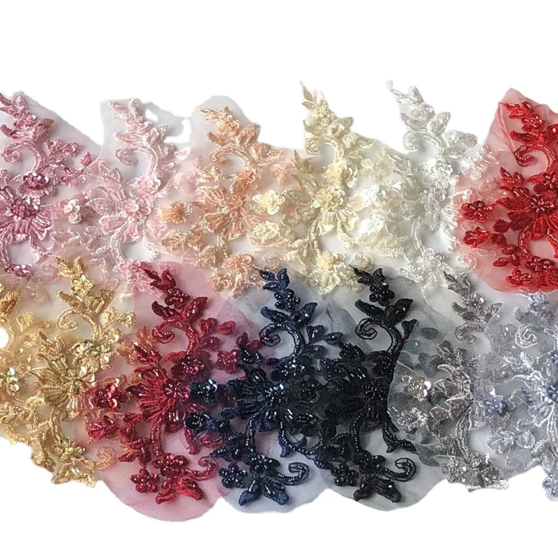 19 CM 3D Flower Embroidery tulle lace Applique with Millet beads