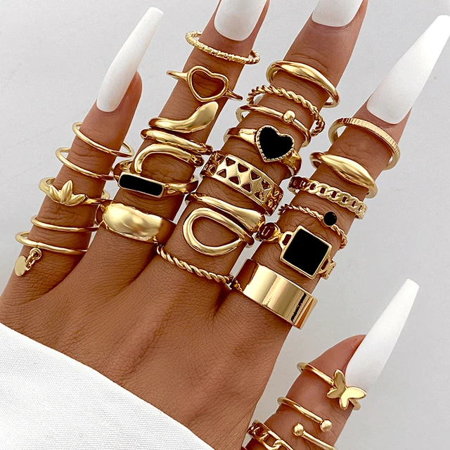 Gold Color Snake Ring For Women 2023 New Vintage Black Punk Black Heart Butterfly Rings Set Female Fashion Jewelry