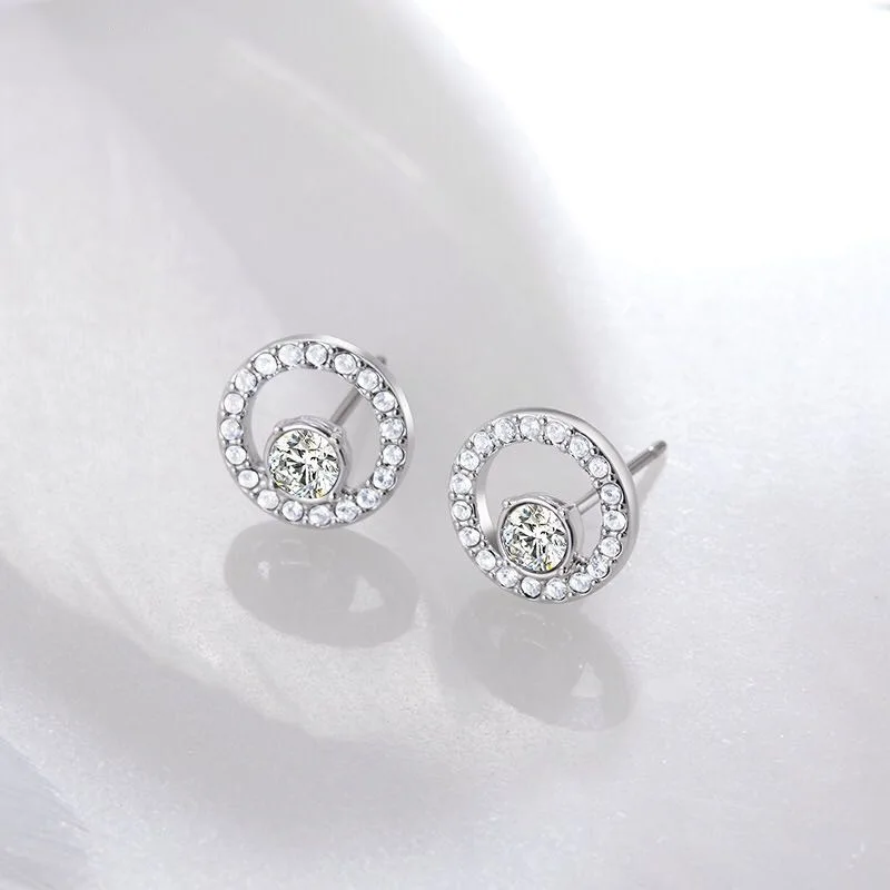 Women Wedding Jewelry S925 Sterling Silver Round Zircon Cubic Zirconia Stud Earrings