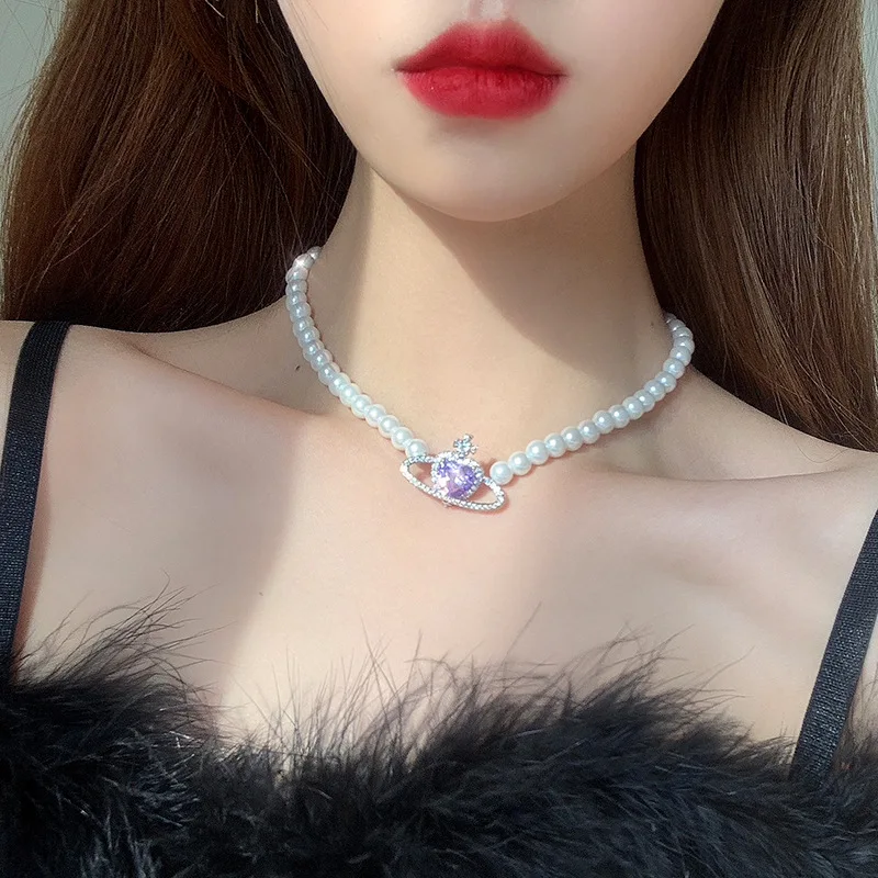 Luxury Fashion  Pearl Necklace Full Diamond Cross Planet Pendant Pearl Bead Necklace Elegant Gift Jewelry For Women Girls