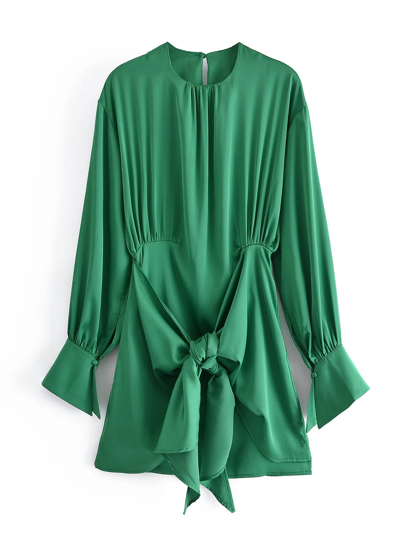 Green puff sleeve satin dress stand collar loose dress Women Long Sleeve Casual shirt dress with Waist Belt
