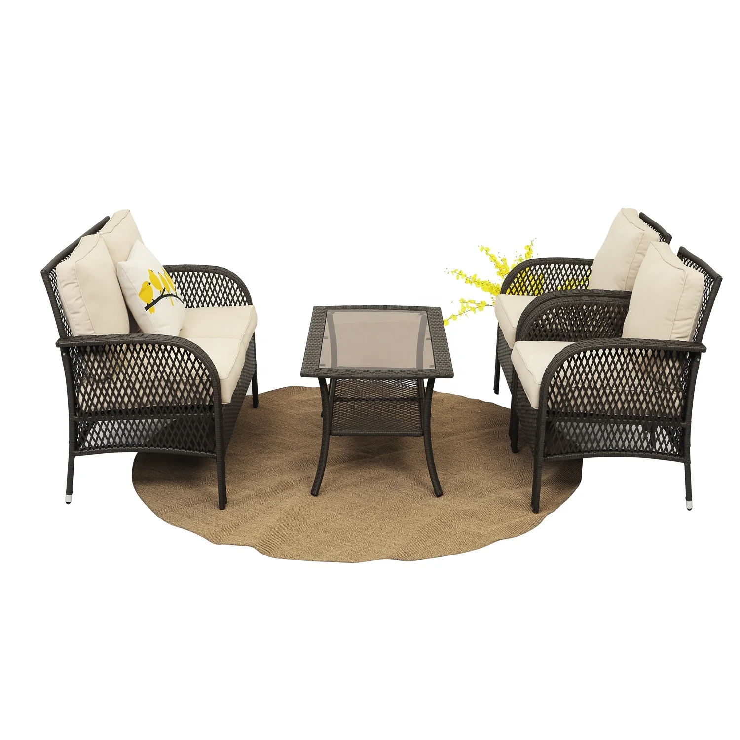 Outdoor Furniture Sets 4 Piece Patio Weather Resistant Wicker Conversation Set Coffee Table and Thick Cushions with Glass