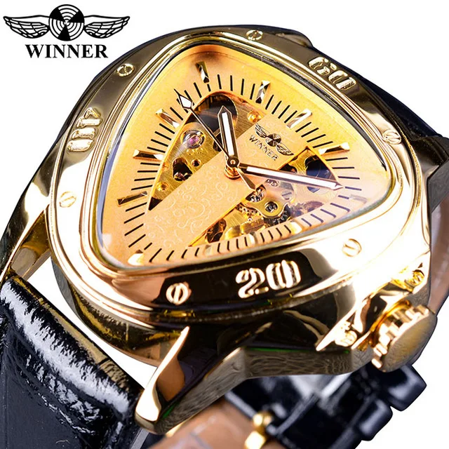 Winner Triangle Golden Skeleton Transparent Motorcycle Racing Design Mens Automatic Wrist Watch Top Brand Luxury Male Clock