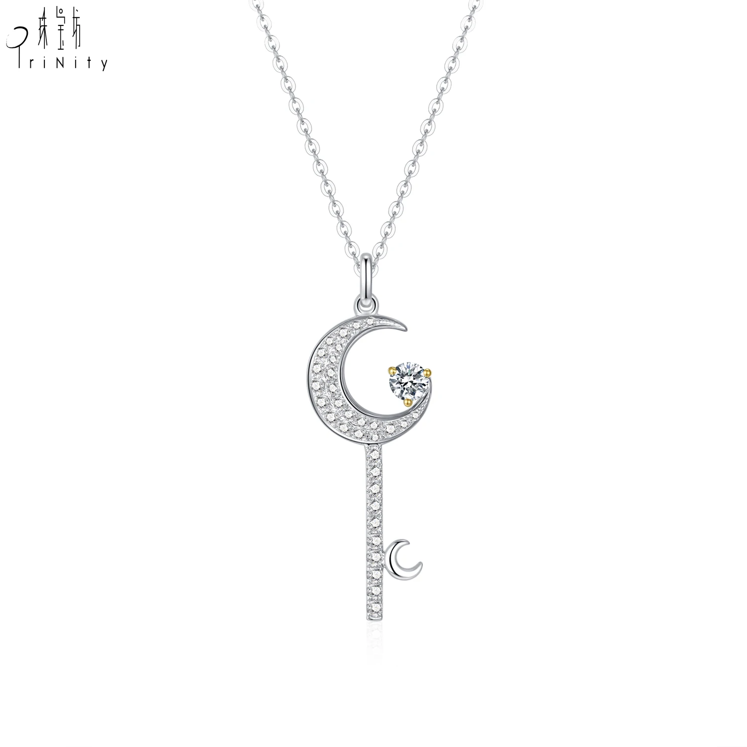 New Design  Classic Elegant Jewelry 18K Solid White Gold Natural Diamond Moon Style Pendant Necklace Jewelry  For Girls