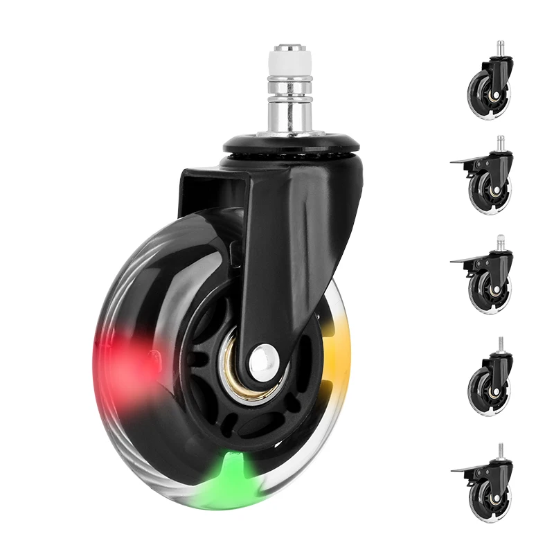 Universal 3 Inch Swivel Wheels Office Chair Caster Wheels PU Office Chair Furniture LED Caster with Brake Silent Lever