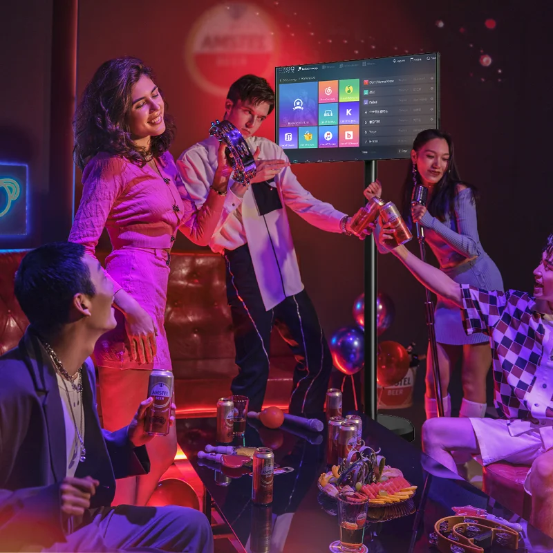 touch screen smart android tv mini Portable with battery bathroom mobile TV on wheels 21.5 inch 360 rotating tv stand