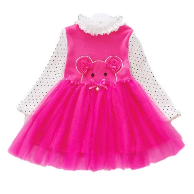 Girls winter one-piece dress Chinese style bear embroidered princess dress plus velvet thickening baby girl skirt