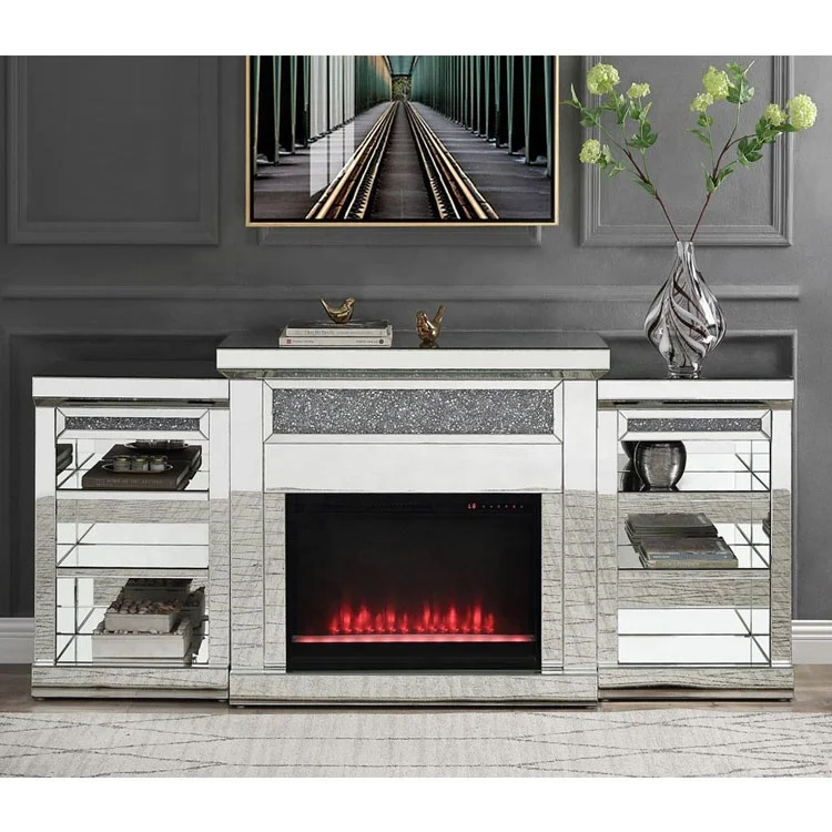 Home Furniture Crystal Crushed Diamond Mirrored TV Stand With Electric Fireplace
