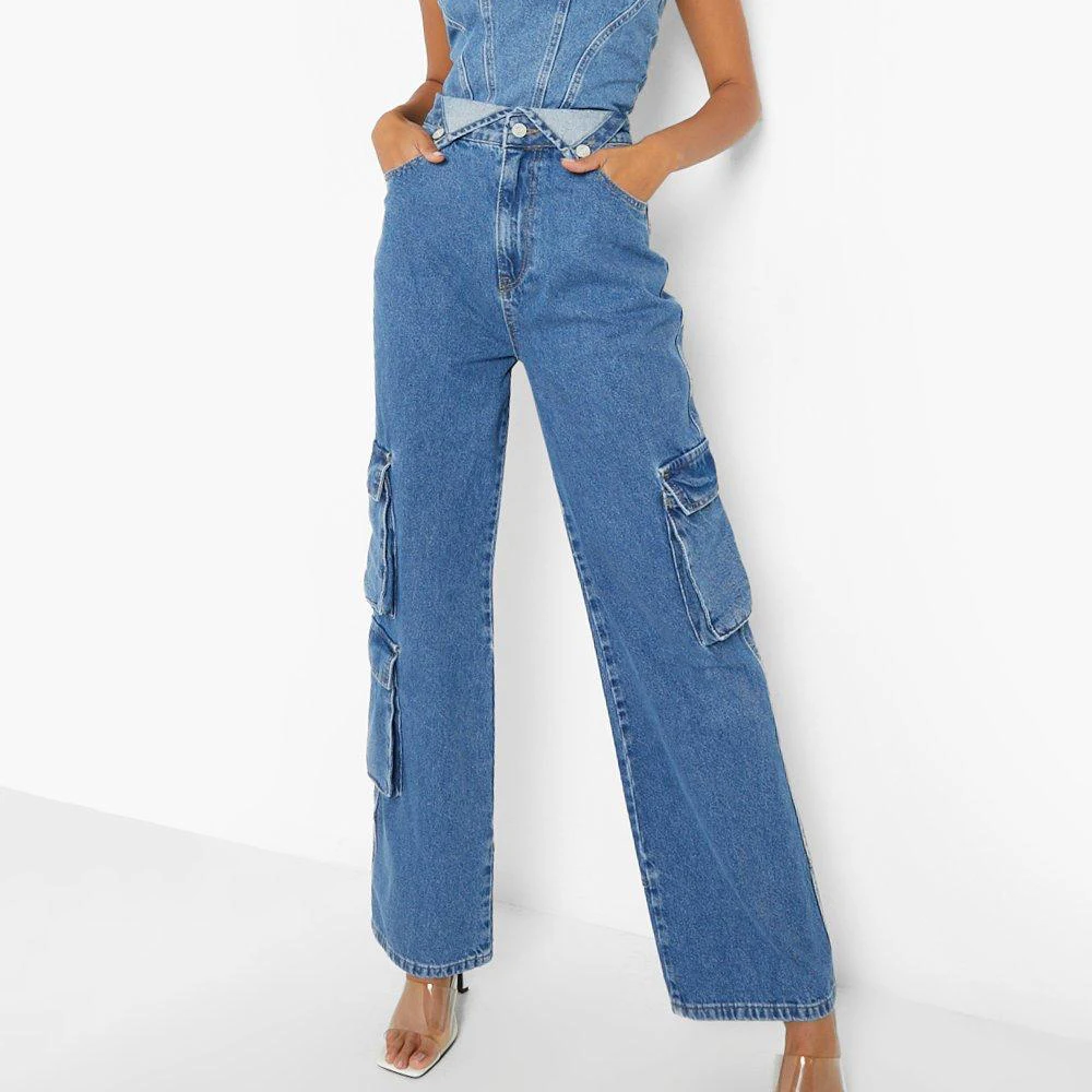 OEM ODM Custom High Quality Denim Cargo Pants Trousers 100% Cotton Straight Leg Loose Fit Pocket Utility Women Cargo Jeans