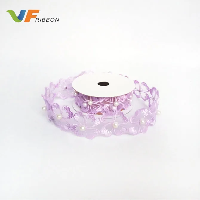 Chiffon Pearl Flower Embroidered Lace Trim / Bridal Wedding  Lace  wholesale haberdashery trim