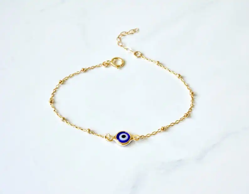 Protection gold filled 925 sterling silver beaded blue evil eye bracelet for women