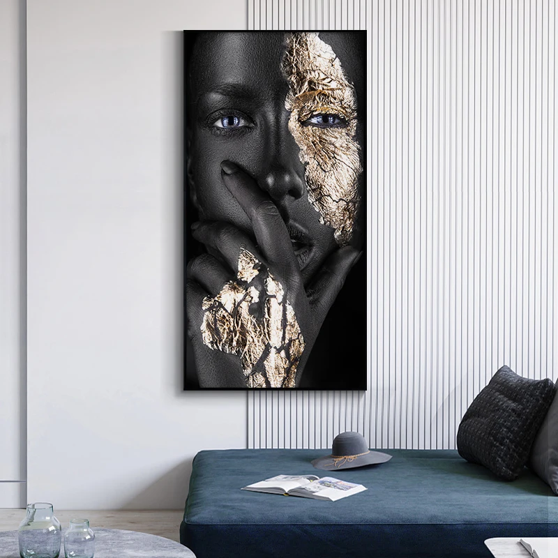 Customizable African women canvas wall art black gold home decor african woman portrait oil painting