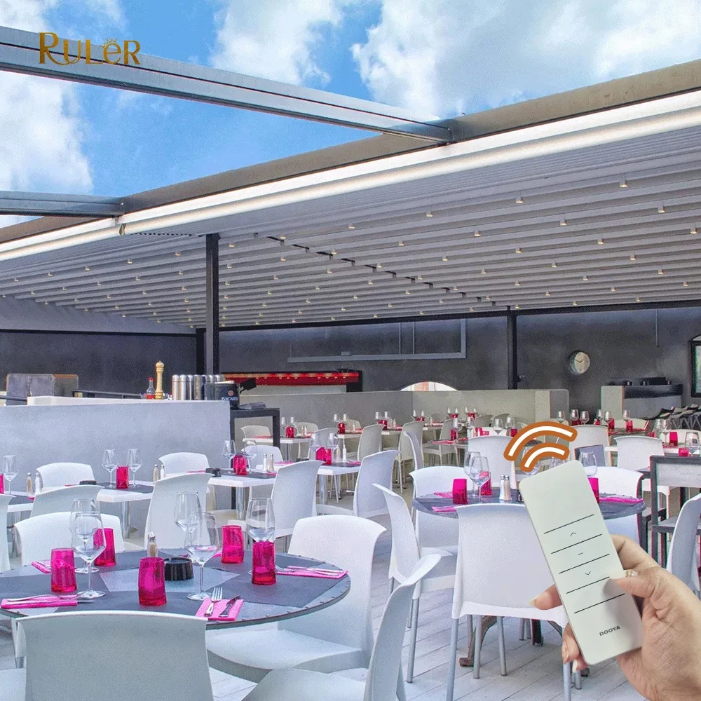 Aluminium outdoor motorized pergola sliding waterproof pvc canopy with LED light Retractable pergola