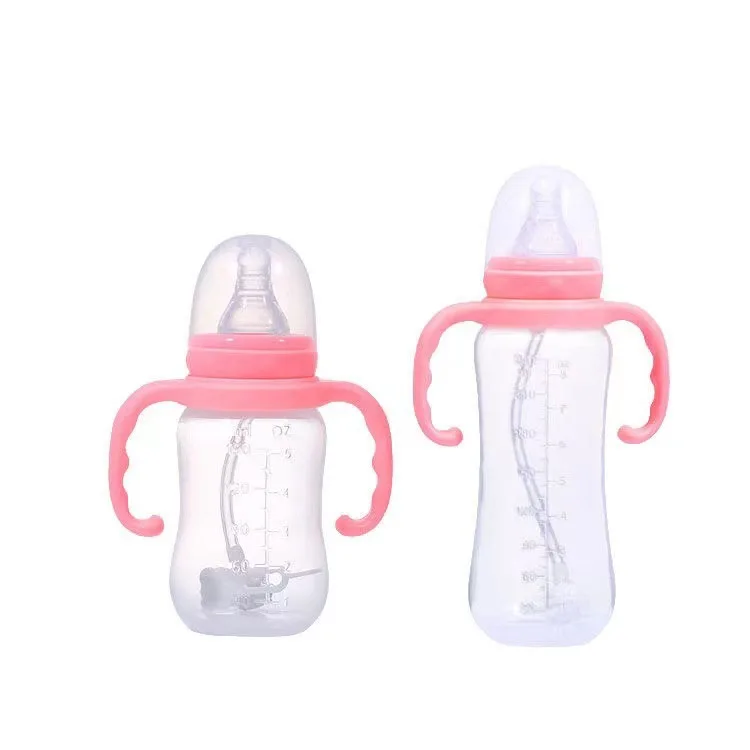 Customized wholesale baby standard mouth shape food grade silicone PP baby bottle with handle transparent plastic baby bottle