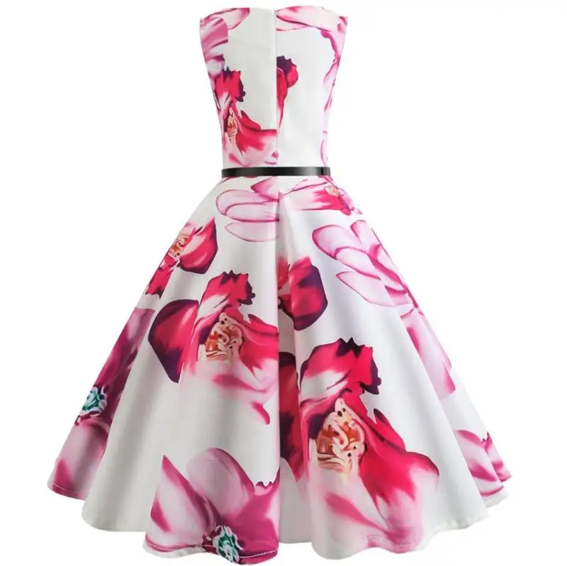 Midi Floral Dresses for Women Bandage Party Dress Hepburn Vintage Retro Robe Femme Sleeveless Swing Pin Up Dress Plus Size