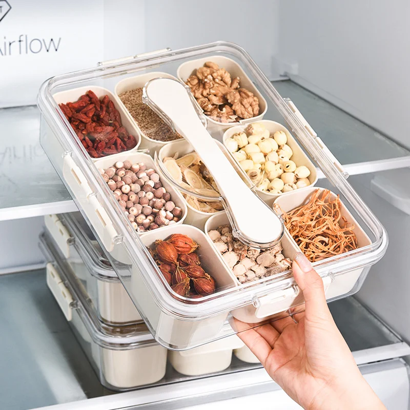 OWNSWING 9 Compartment Food Container Divided Serving Tray With Lid and Handle Plastic Fruit Veggie for Fridge