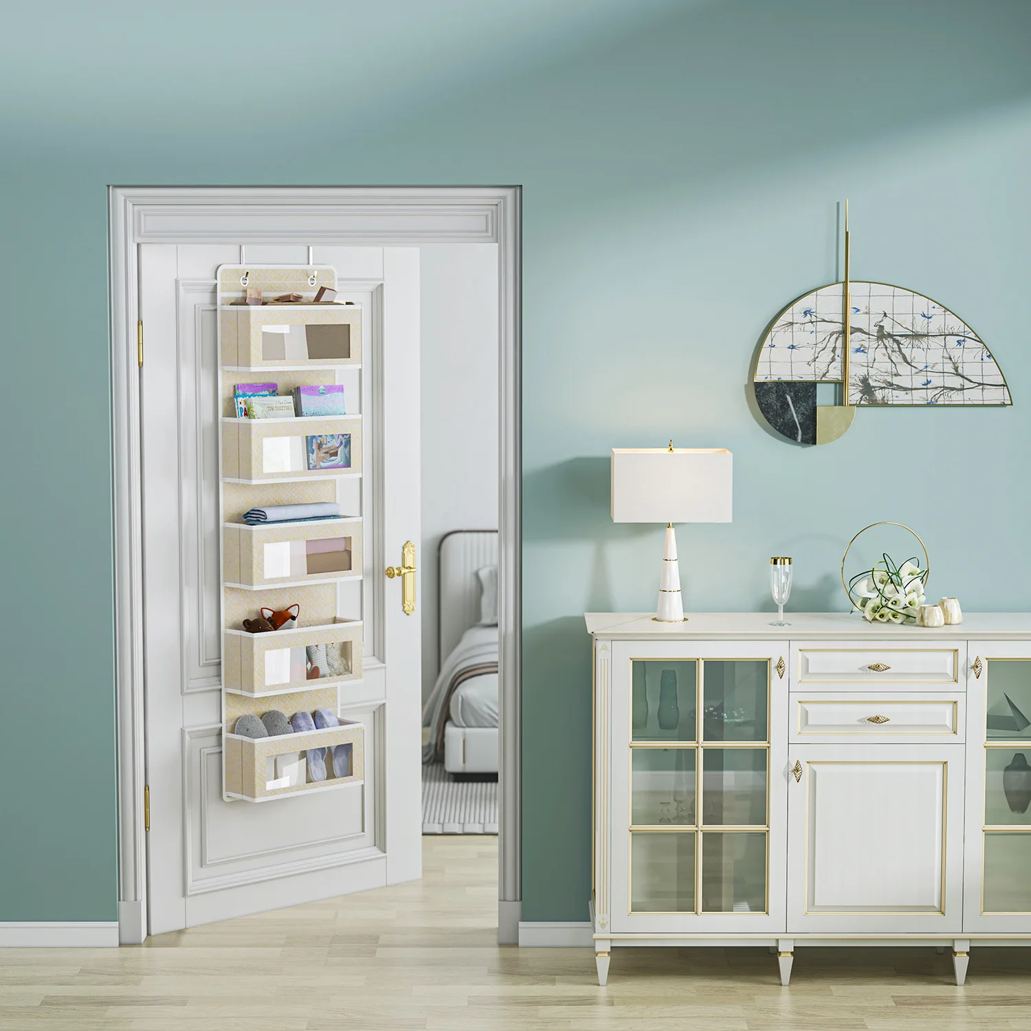 Foldable Wall Mount Large Capacity 5-Shelf Over the Door Hanging Storage Organizer with PVC Clear Window