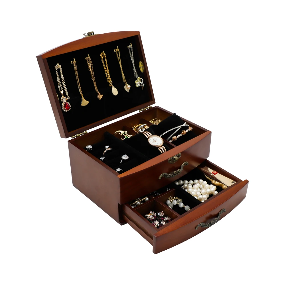FADELI Custom Home Ring Necklace Bracelet Pendant Jewelry Storage Box Vintage Walnut Solid Wooden Jewelry Box Organizer