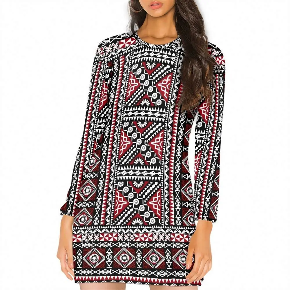 Bodycon Sexy Club Wear Long Sleeve Sheath Slim Mini Dresses Polynesian Tribal Samoan Fijian Pattern Custom Floral Dresses Women