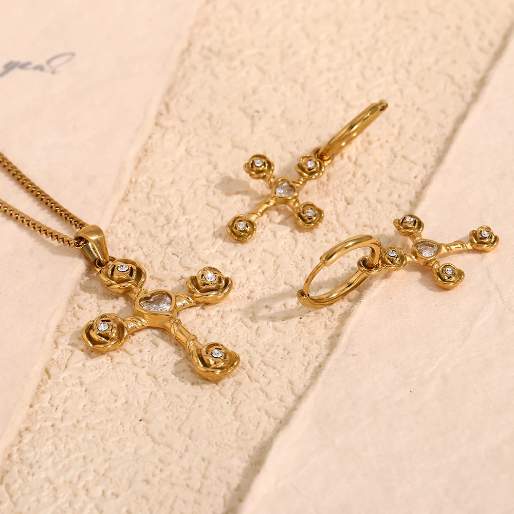 Белый Циркон комплект ювелирных изделий с розой крест кулон ожерелье 18k позолоченный из нержавеющей стали и серьги набор