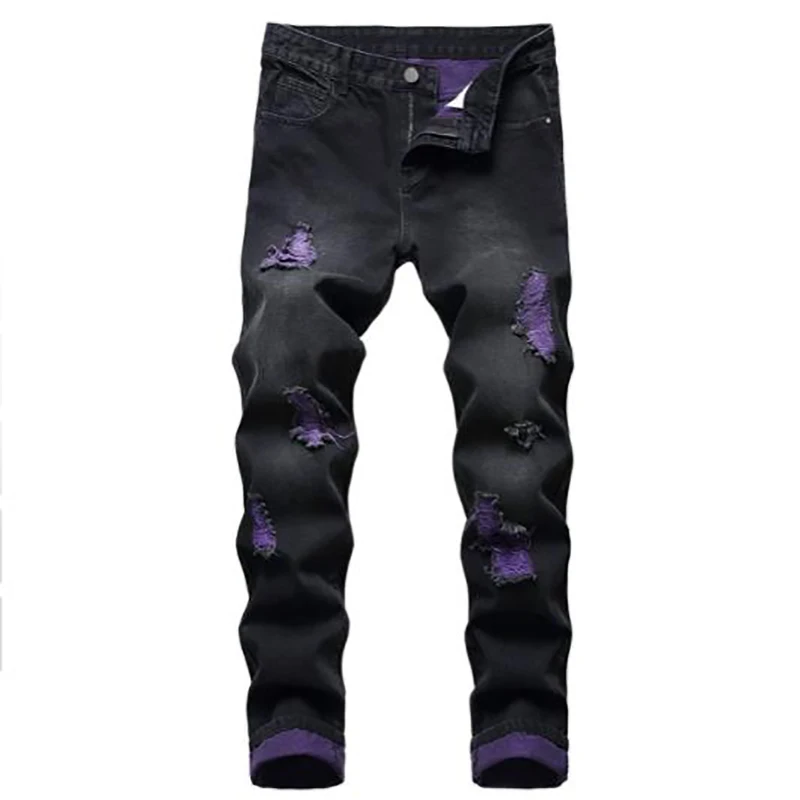 Base Skinny Ripped Stretch Jeans for Men New Hot New Fabric with a Purple Slim Straight Polyester / Cotton Casual Mid Waist