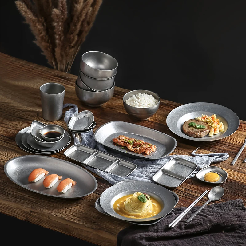 Outdoor Camping Retro Stainless Steel Dinner Set Restaurant Vintage Hiking Food Plates and Soup Bowls