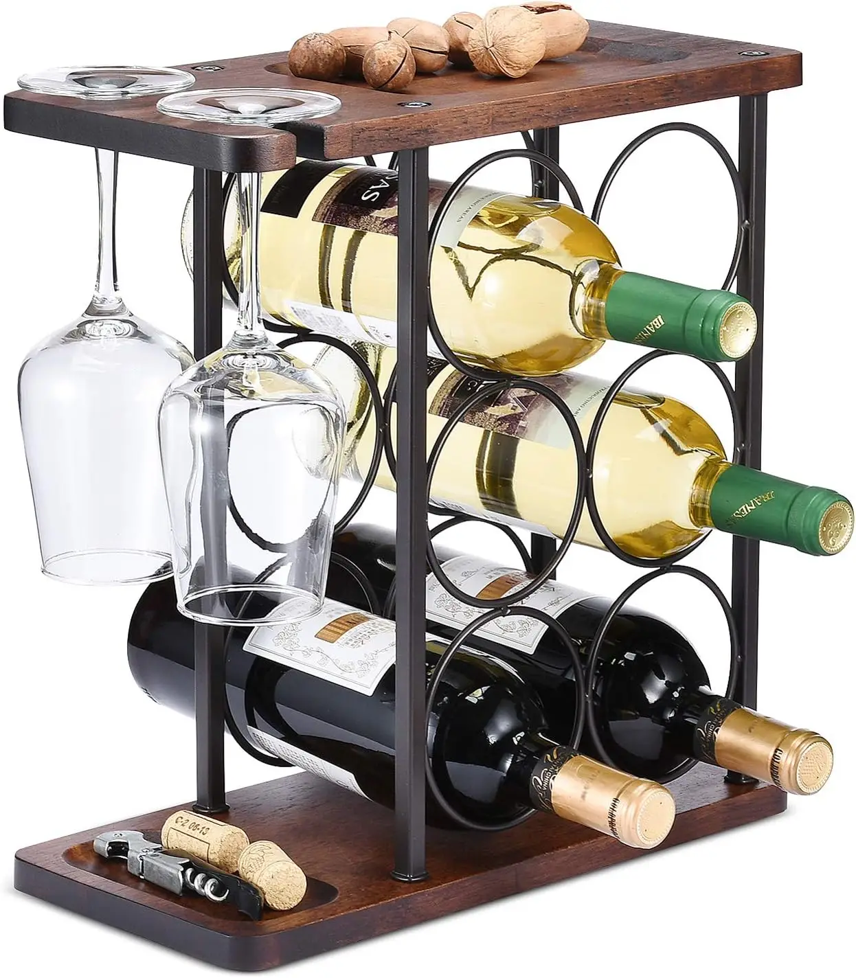 Countertop Wooden Wine Rack with Glass Holder Tray for Home Decor Kitchen Storage Party Durable PC Material Easy Carton Packed
