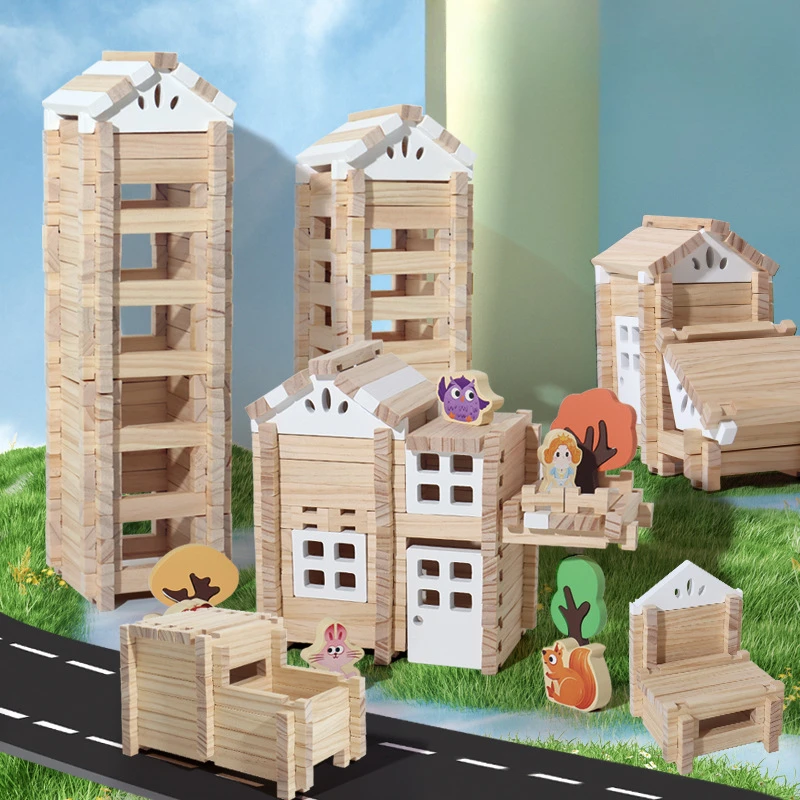 Wholesale Wooden Building Blocks for Kids Educational Creative DIY Assembly House Blocks Set for Boys and Girls