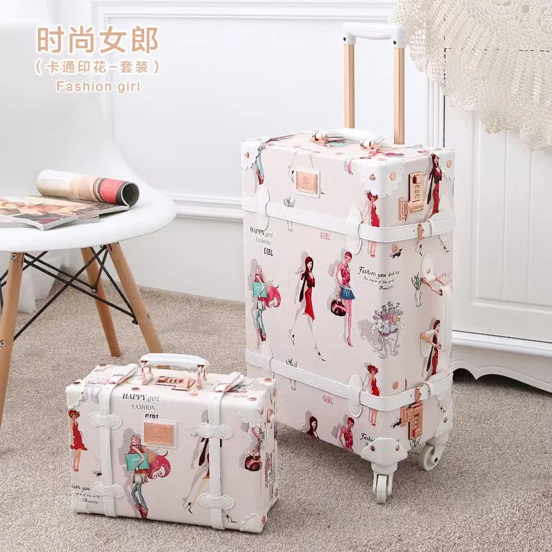 New Style Pu Leather Vintage Suitcase Sets Rolling Trunk Luggage Trolley Case Bag Retro Suitcase Luggage For Girls