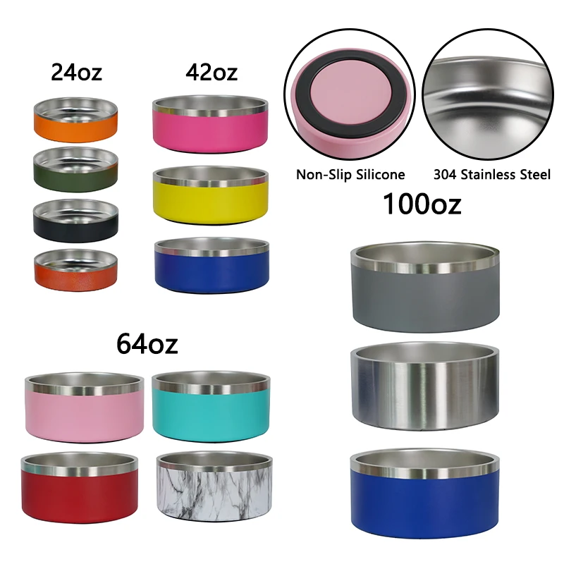 Double Wall 42oz & 64oz Dog Bowl with Non-Slip Rubber Base Vacuum Insulated Pet Food & Water Bowl Customizable Coating Container