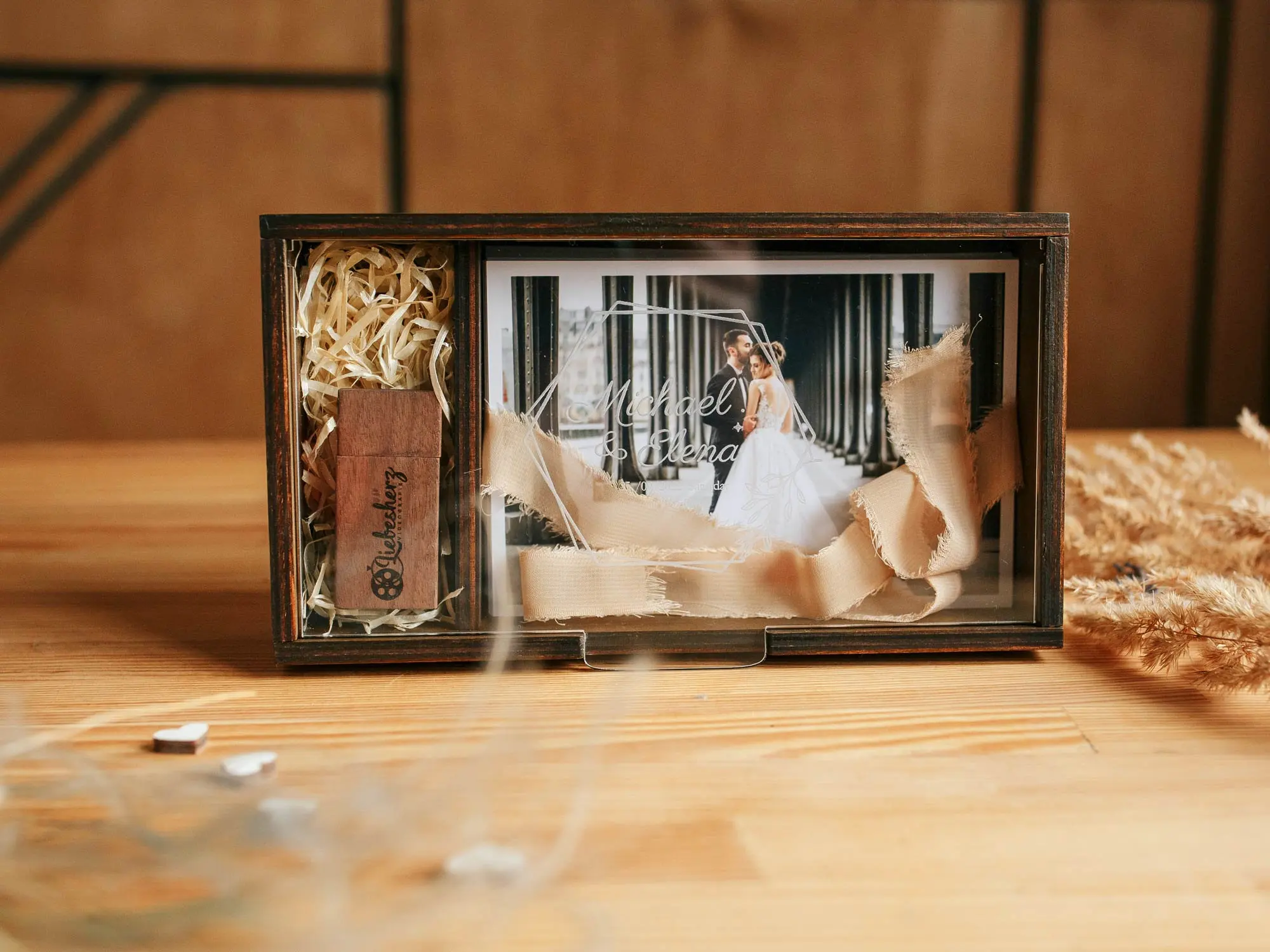 Wooden Folk Art Photo Box with Acrylic Lid Personalised 15x10 cm Wedding Prints USB Flash Drive Holder Gift for Couples