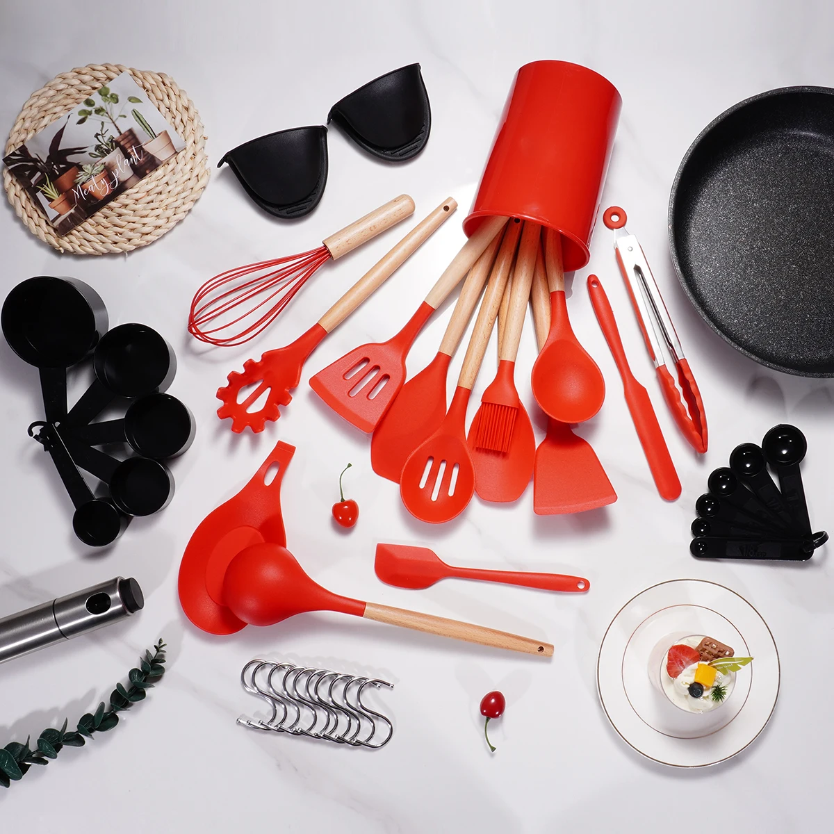 38 Pcs Wholesale Kitchen Accessories Cooking Tools Kitchenware Wooden Handle Non-Stick Silicone Kitchen Utensil Set